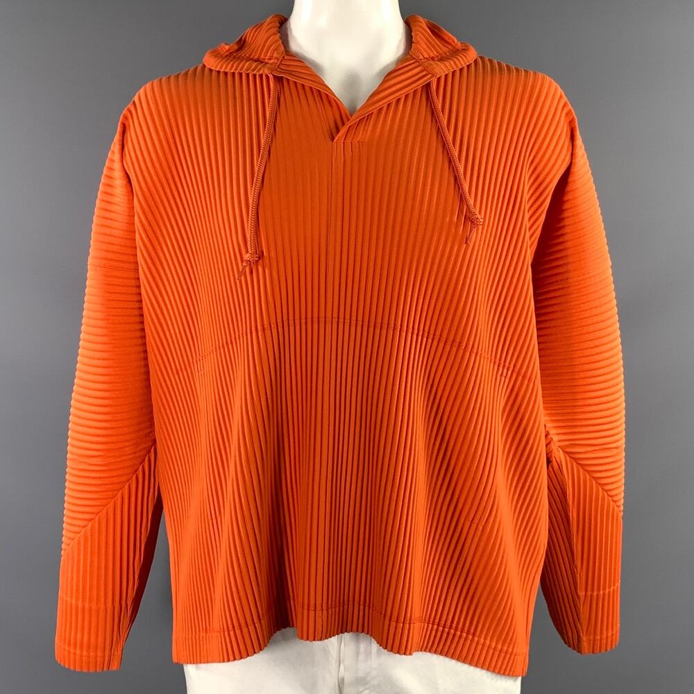 ISSEY MIYAKE Size L Orange Pleated Polyester Hooded Pullover
